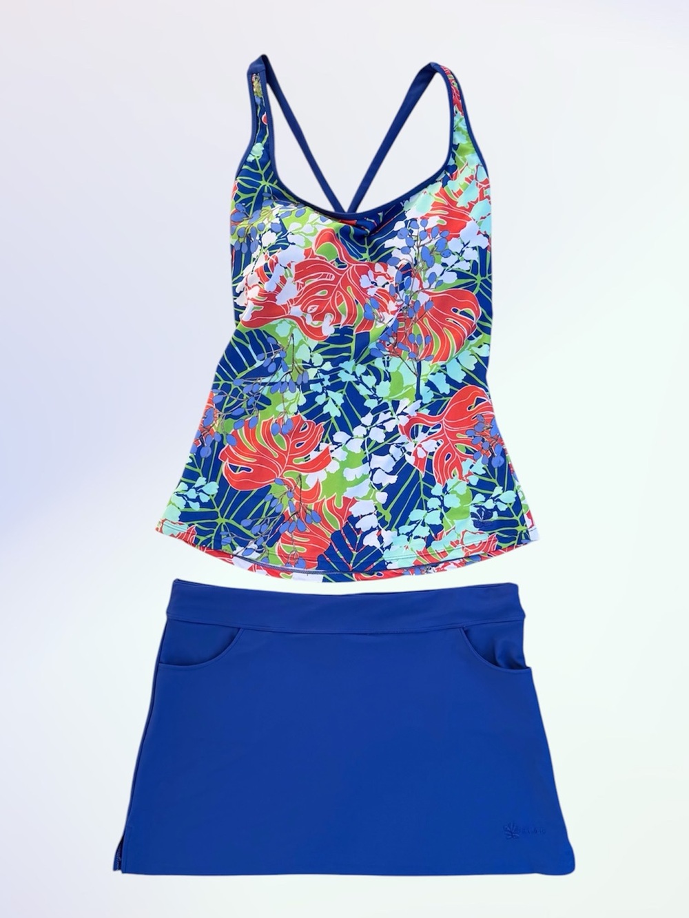 Hapari Orange and Blue Tropical Print Tankini Top and Blue Swim Skirt, Women’s L